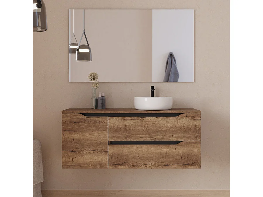 Meuble de salle de bain 120cm avec plateau, vasque à poser déportée à droite Ares et miroir - 2 tiroirs et un placard - tabaco (bois foncé) - ZARZA