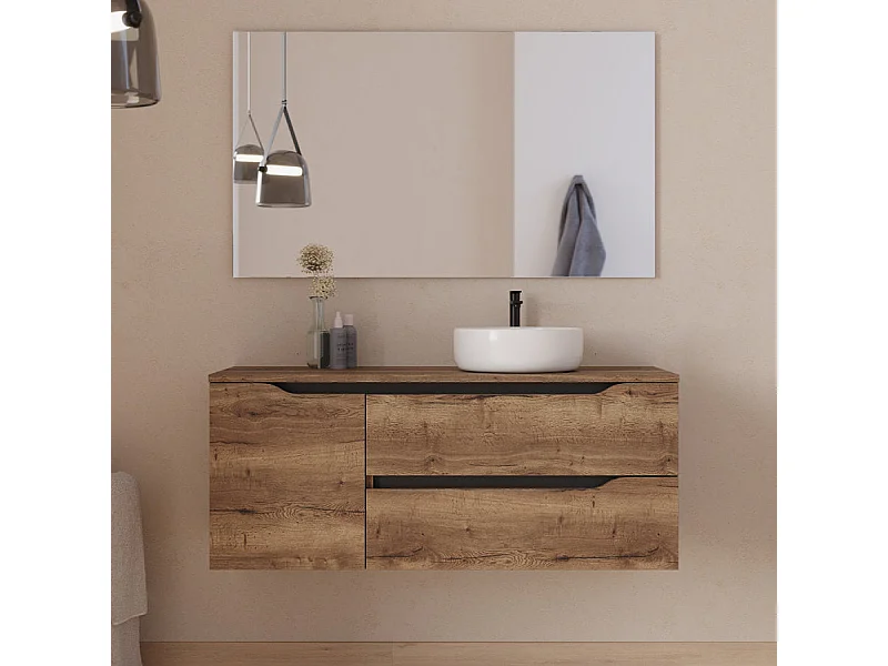 Meuble de salle de bain 120cm avec plateau, vasque à poser déportée à droite Ares et miroir - 2 tiroirs et un placard - tabaco (bois foncé) - ZARZA