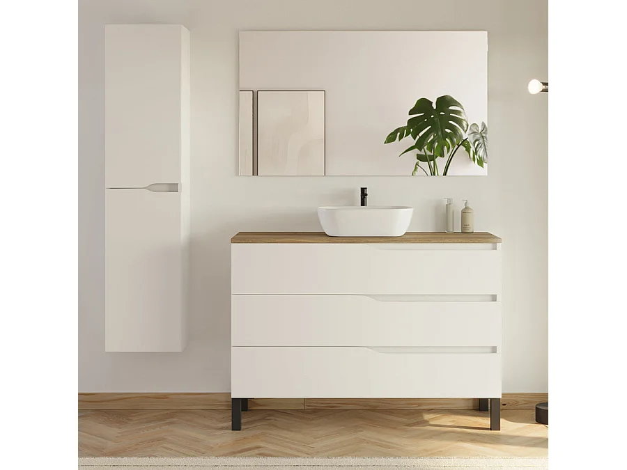 Meuble de salle de bain 120cm avec plateau et vasque ronde Zeus - 3 tiroirs et colonne de rangement - blanc mat/medera miel - MATA