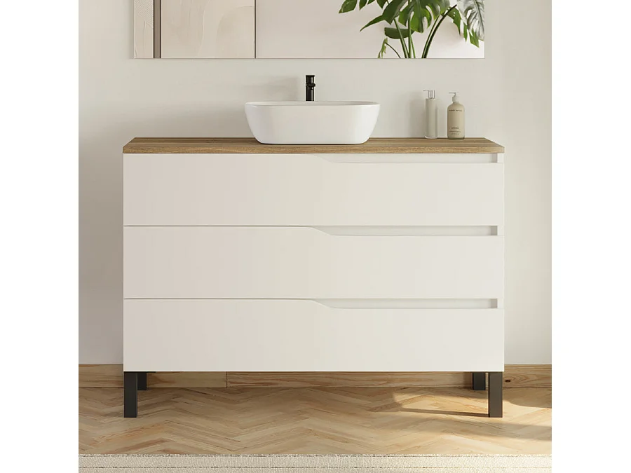 Meuble de salle de bain 120cm avec plateau et vasque ronde Zeus - 3 tiroirs et colonne de rangement - blanc mat/medera miel - MATA