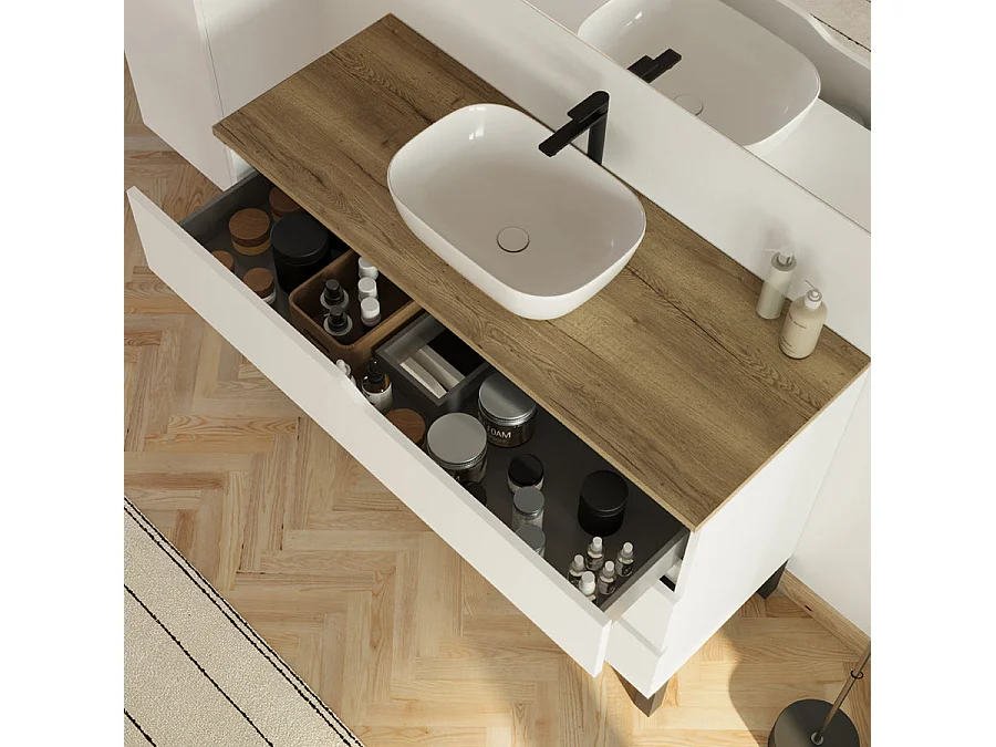Meuble de salle de bain 120cm avec plateau et vasque ronde Zeus - 3 tiroirs et colonne de rangement - blanc mat/medera miel - MATA