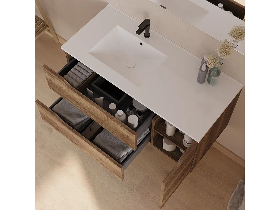 Meuble de salle de bain 100cm avec vasque déportée à gauche et miroir - 2 tiroirs et un placard - tabaco (bois foncé) - ZARZA