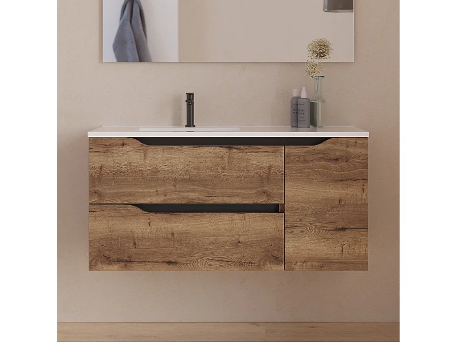 Meuble de salle de bain 100cm avec vasque déportée à gauche et miroir - 2 tiroirs et un placard - tabaco (bois foncé) - ZARZA