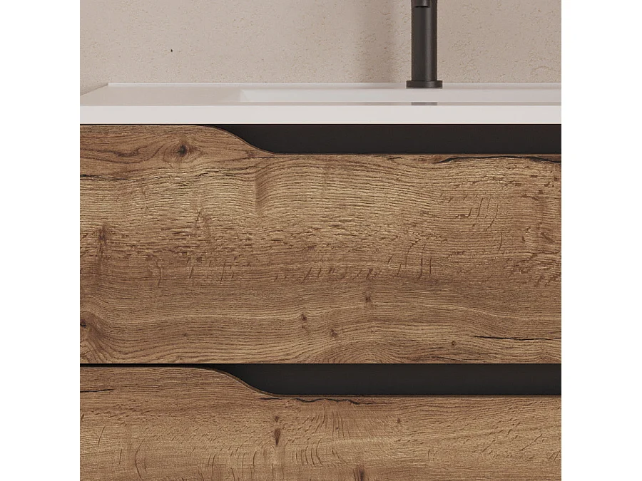 Meuble de salle de bain 100cm avec vasque déportée à gauche et miroir - 2 tiroirs et un placard - tabaco (bois foncé) - ZARZA