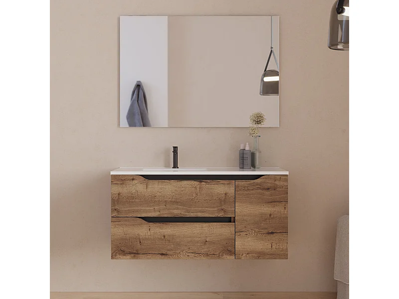 Meuble de salle de bain 100cm avec vasque déportée à gauche et miroir - 2 tiroirs et un placard - tabaco (bois foncé) - ZARZA