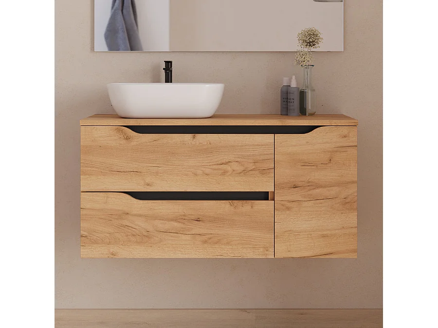 Meuble de salle de bain 100cm avec plateau et vasque à poser à gauche Zeus - sans miroir - 2 tiroirs et un placard - roble (chêne clair) - ZARZA