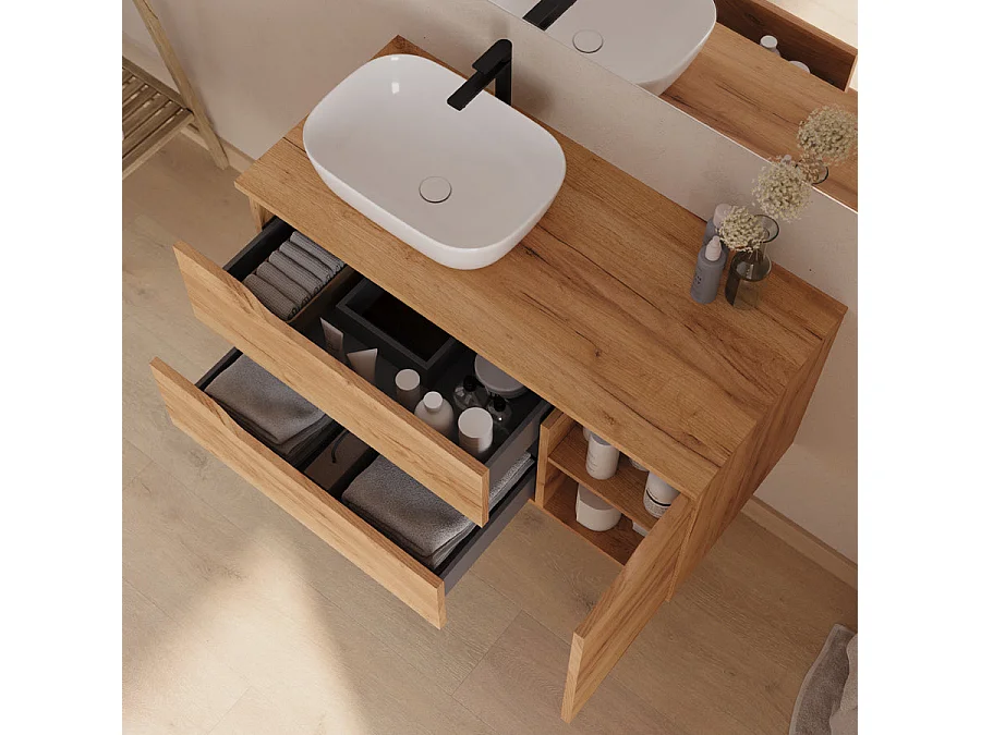 Meuble de salle de bain 100cm avec plateau et vasque à poser à gauche Zeus - sans miroir - 2 tiroirs et un placard - roble (chêne clair) - ZARZA