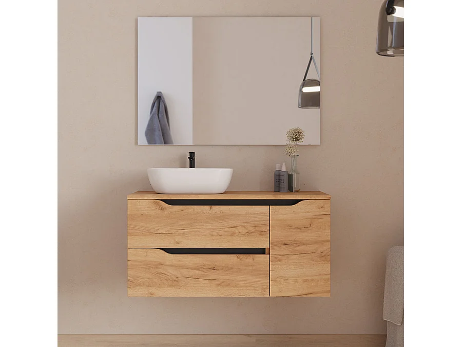 Meuble de salle de bain 100cm avec plateau et vasque à poser à gauche Zeus - sans miroir - 2 tiroirs et un placard - roble (chêne clair) - ZARZA