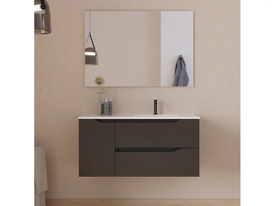 Meuble de salle de bain 100cm avec vasque déportée à droite et miroir - 2 tiroirs et un placard - noir - ZARZA