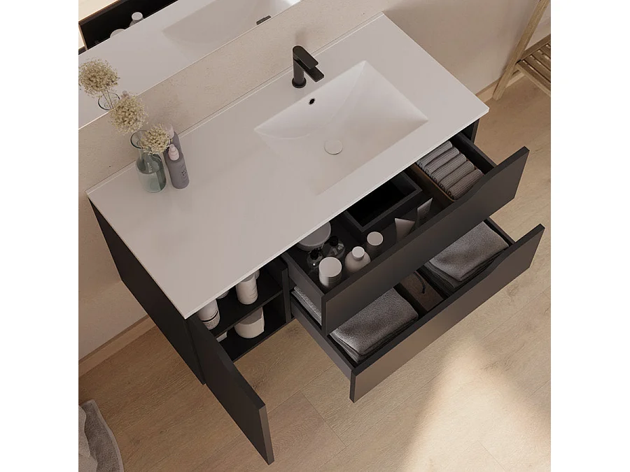 Meuble de salle de bain 100cm avec vasque déportée à droite et miroir - 2 tiroirs et un placard - noir - ZARZA