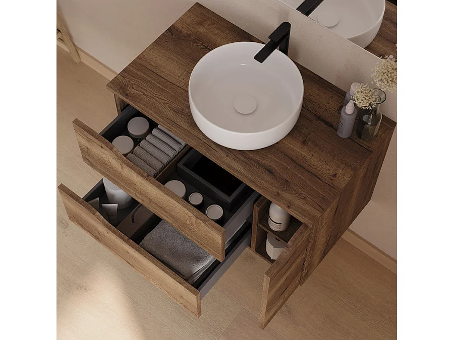 Meuble de salle de bain 80cm avec plateau et vasque à poser centrée Ares - sans miroir - 2 tiroirs et un placard - tabaco (bois foncé) - ZARZA
