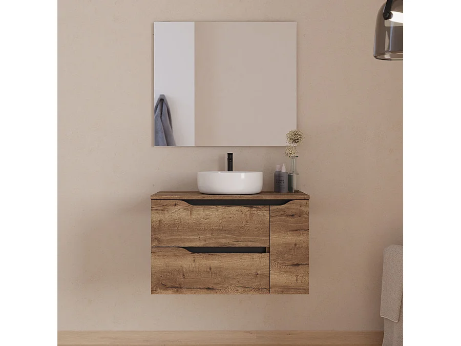 Meuble de salle de bain 80cm avec plateau et vasque à poser centrée Ares - sans miroir - 2 tiroirs et un placard - tabaco (bois foncé) - ZARZA