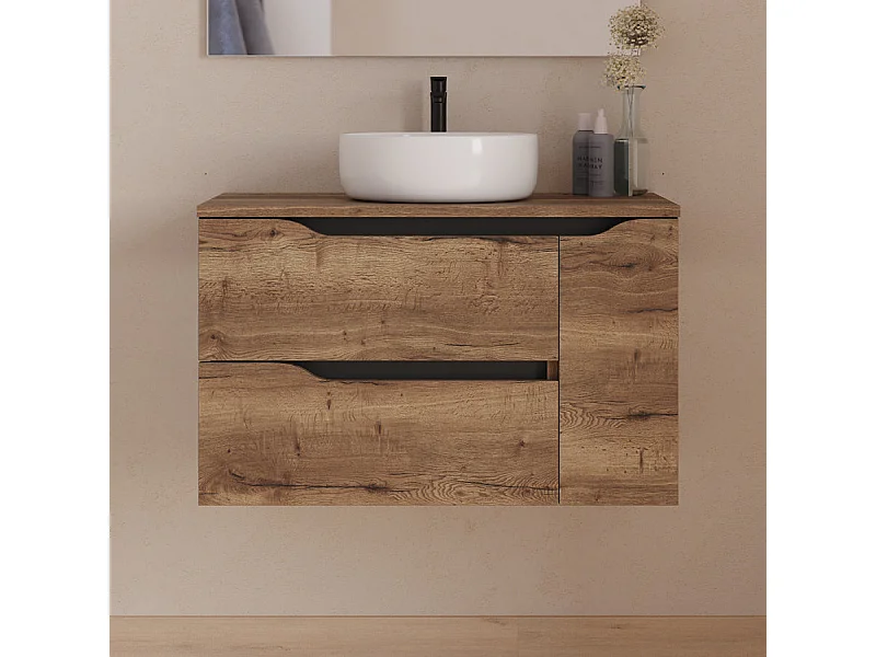 Meuble de salle de bain 80cm avec plateau et vasque à poser centrée Ares - sans miroir - 2 tiroirs et un placard - tabaco (bois foncé) - ZARZA