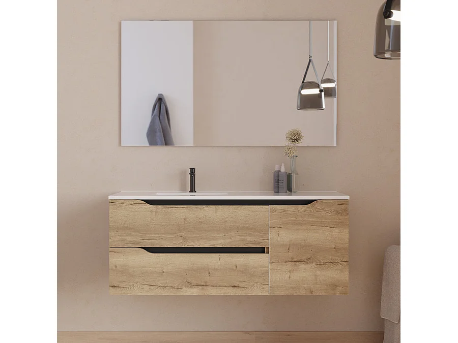 Meuble de salle de bain 120cm avec vasque déportée à gauche et miroir - 2 tiroirs et un placard - madera miel (bois clair) - ZARZA