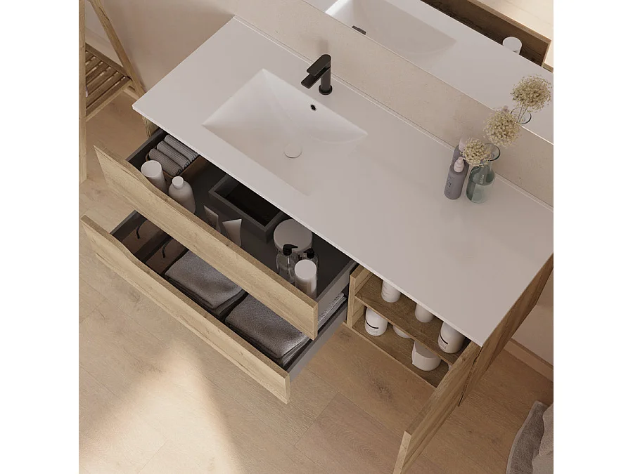 Meuble de salle de bain 120cm avec vasque déportée à gauche et miroir - 2 tiroirs et un placard - madera miel (bois clair) - ZARZA