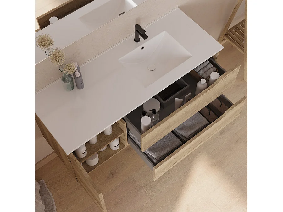 Meuble de salle de bain 120cm avec vasque déportée à droite - sans miroir - 2 tiroirs et un placard - madera miel (bois clair) - ZARZA