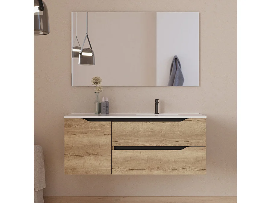 Meuble de salle de bain 120cm avec vasque déportée à droite - sans miroir - 2 tiroirs et un placard - madera miel (bois clair) - ZARZA