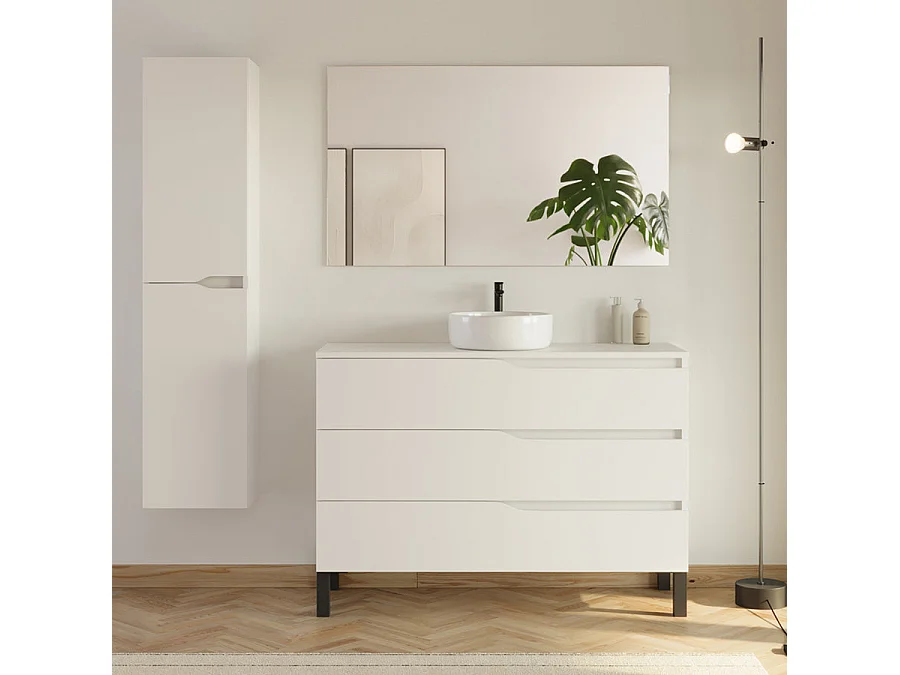 Meuble de salle de bain 120cm avec plateau et vasque ronde Ares - 3 tiroirs et colonne de rangement - blanc mat - MATA
