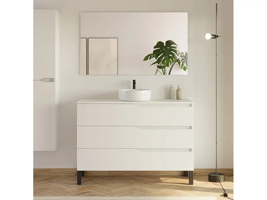 Meuble de salle de bain 120cm avec plateau et vasque ronde Ares - 3 tiroirs et colonne de rangement - blanc mat - MATA