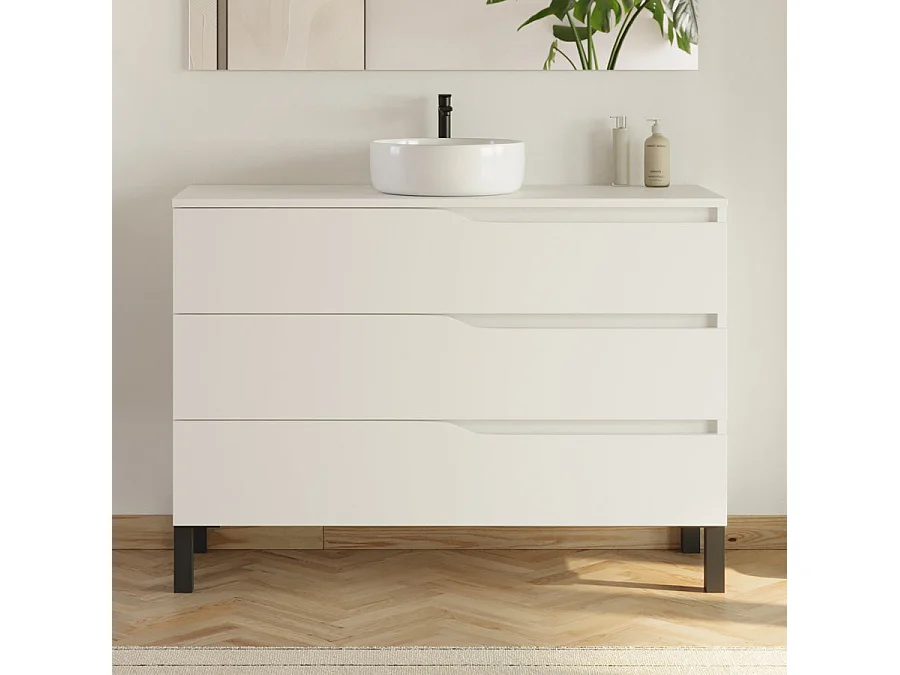 Meuble de salle de bain 120cm avec plateau et vasque ronde Ares - 3 tiroirs et colonne de rangement - blanc mat - MATA