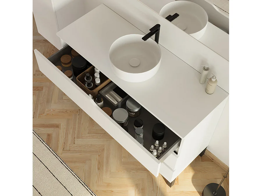 Meuble de salle de bain 120cm avec plateau et vasque ronde Ares - 3 tiroirs et colonne de rangement - blanc mat - MATA