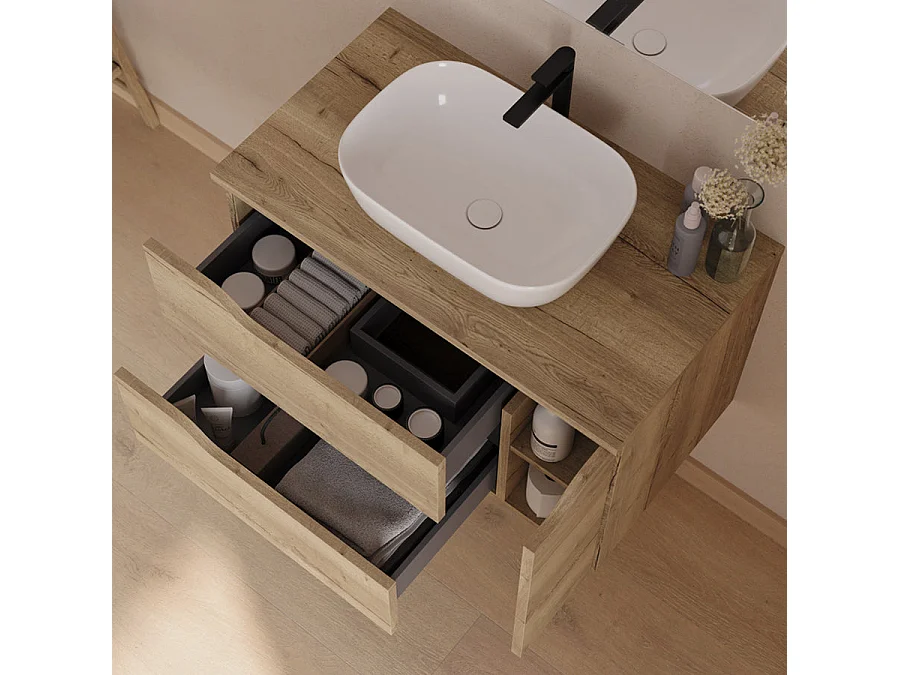 Meuble de salle de bain 80cm avec plateau et vasque à poser centrée Zeus - sans miroir - 2 tiroirs et un placard - madera miel (bois clair) - ZARZA