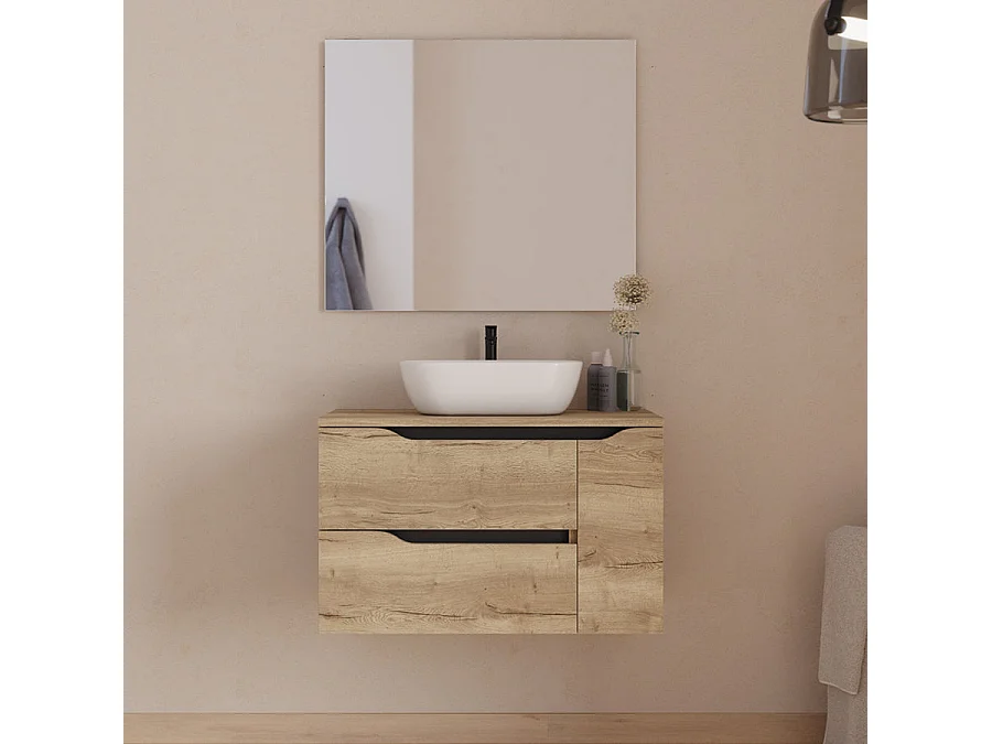 Meuble de salle de bain 80cm avec plateau et vasque à poser centrée Zeus - sans miroir - 2 tiroirs et un placard - madera miel (bois clair) - ZARZA