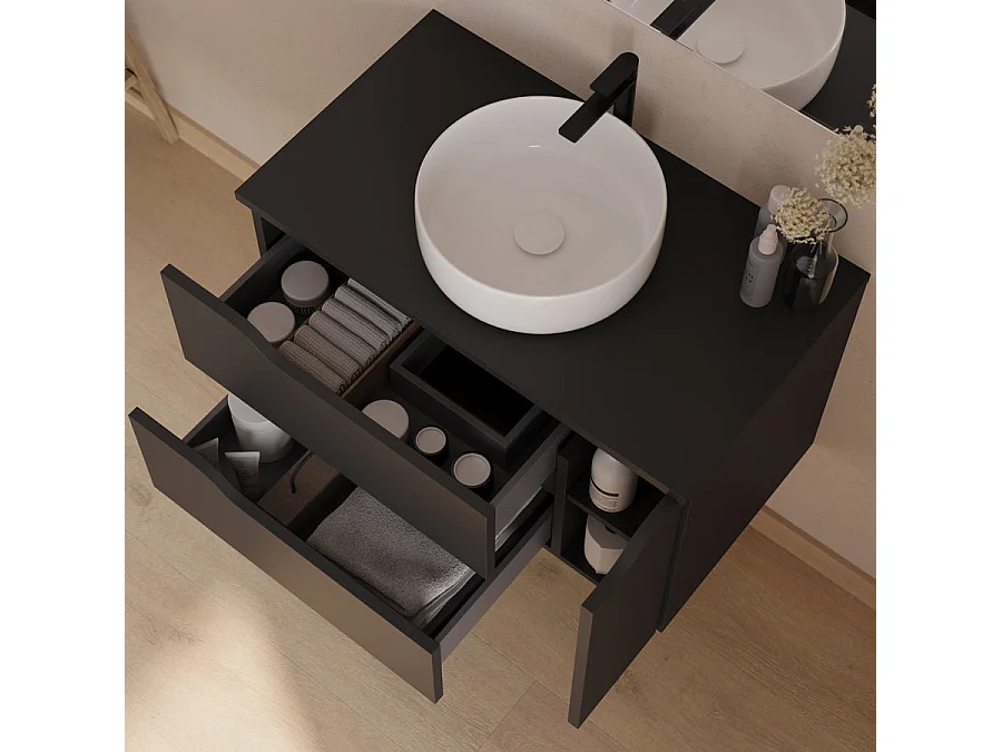 Meuble de salle de bain 80cm avec plateau, vasque à poser centrée Ares et miroir - 2 tiroirs et un placard - noir - ZARZA