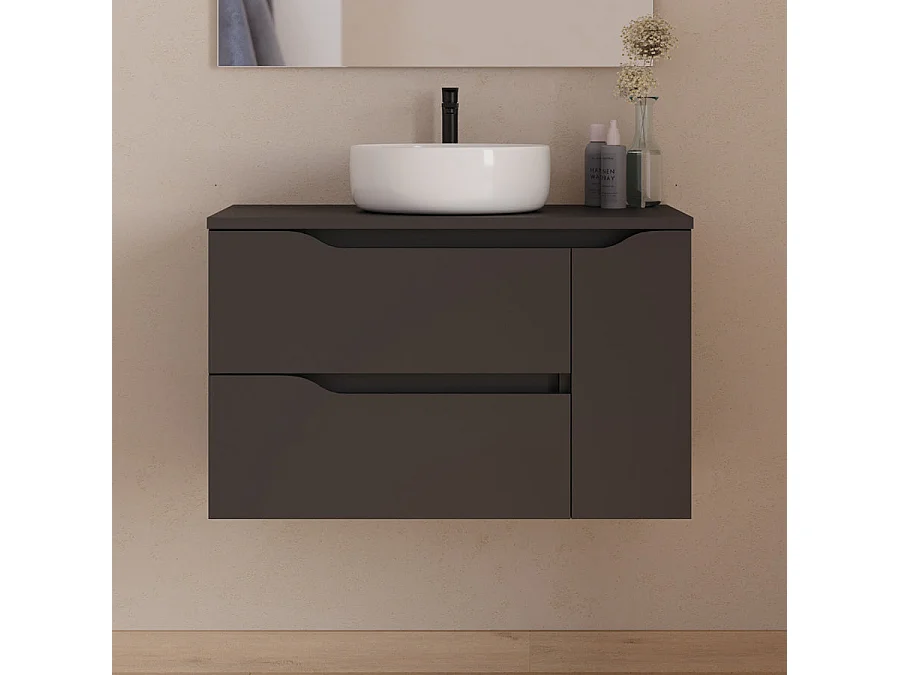 Meuble de salle de bain 80cm avec plateau, vasque à poser centrée Ares et miroir - 2 tiroirs et un placard - noir - ZARZA