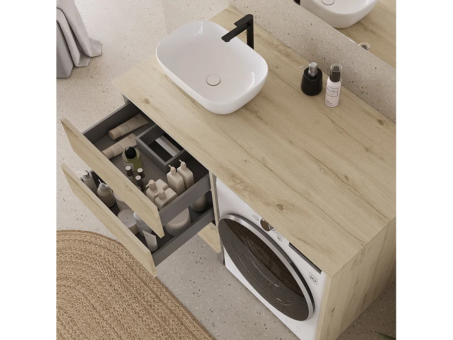 Meuble lave linge 124cm avec plateau et vasque arrondie - 3 tiroirs - nebraska (chêne clair) - CRUZ