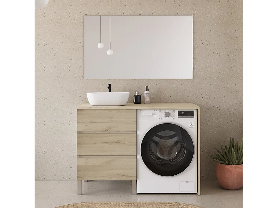 Meuble lave linge 124cm avec plateau et vasque arrondie - 3 tiroirs - nebraska (chêne clair) - CRUZ