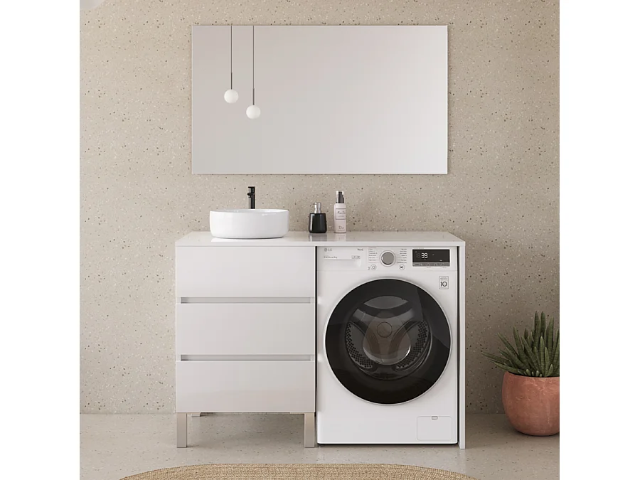 Meuble lave linge 124cm avec plateau et vasque ronde - 3 tiroirs - blanc - CRUZ