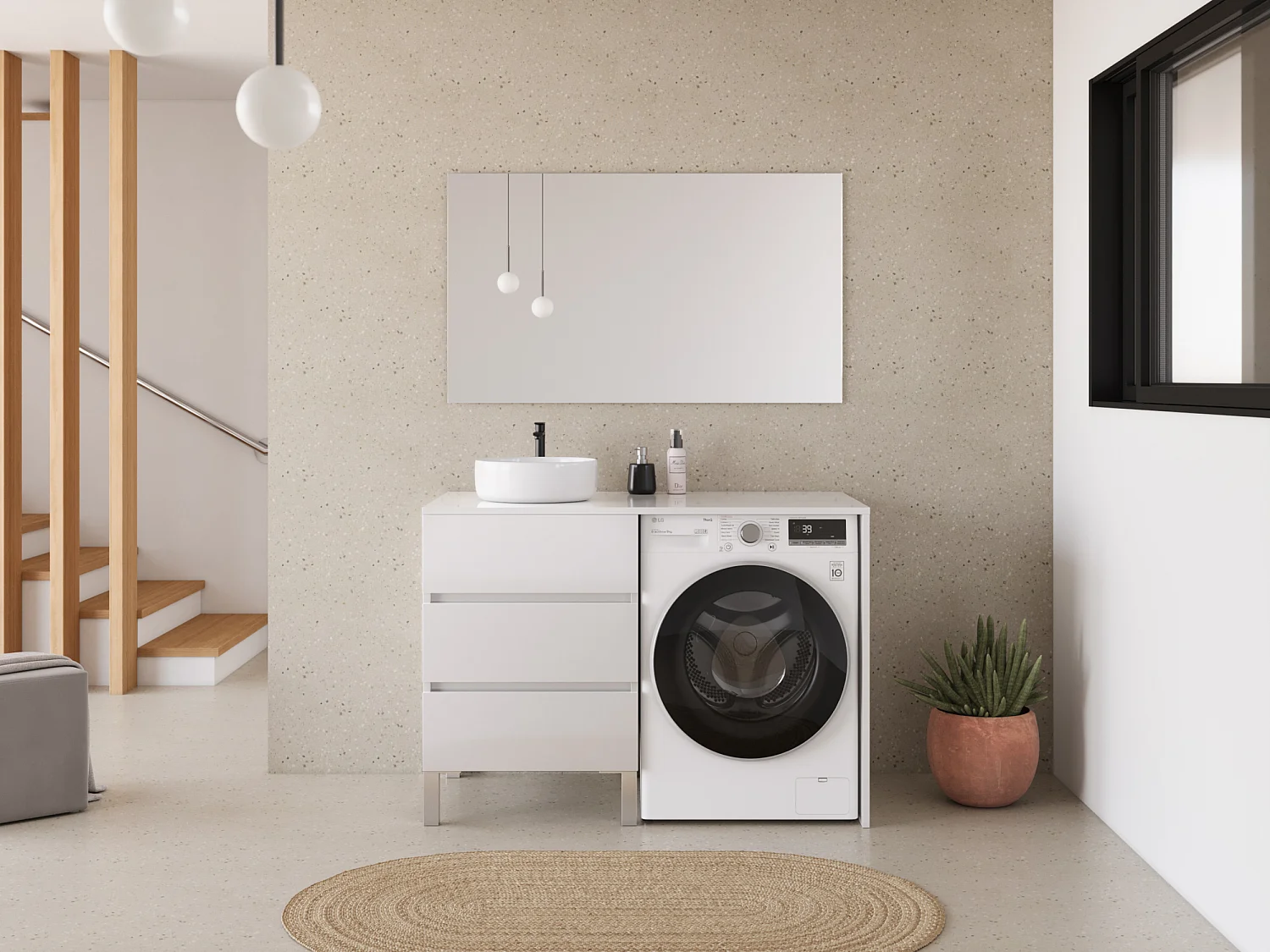 Meuble lave linge 124cm avec plateau et vasque ronde - 3 tiroirs - blanc - CRUZ