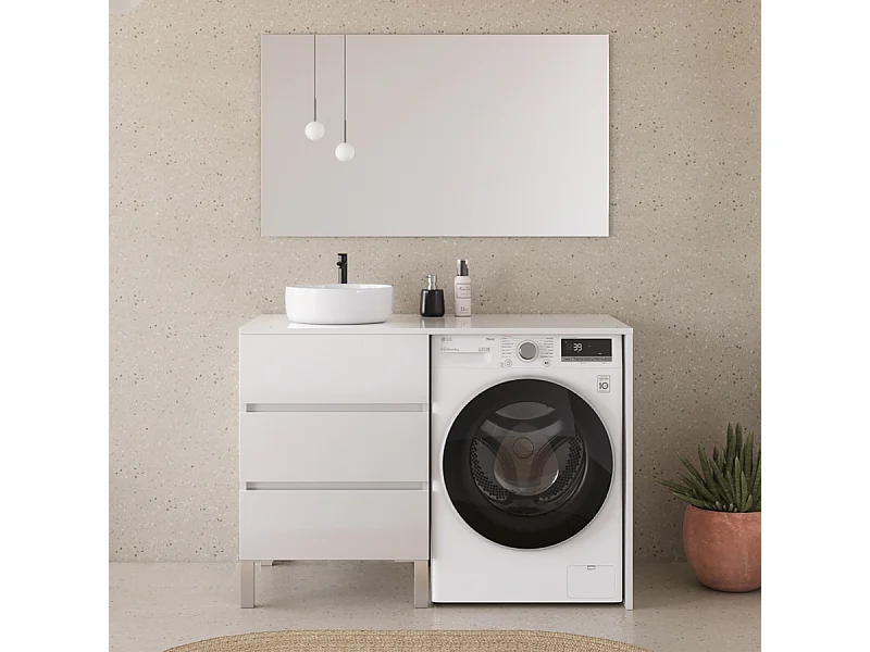 Meuble lave linge 124cm avec plateau et vasque ronde - 3 tiroirs - blanc - CRUZ