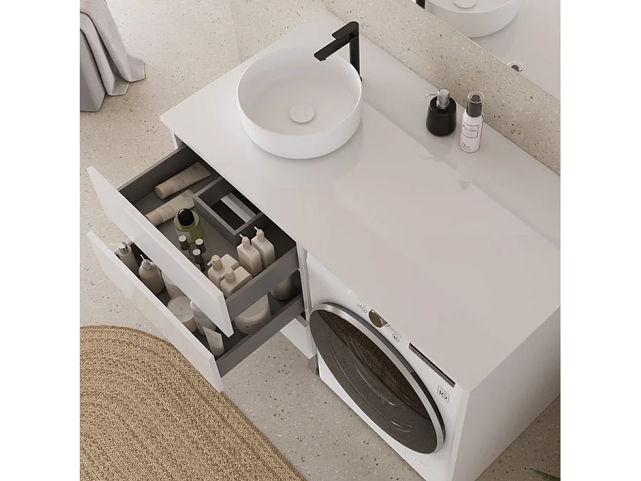 Meuble lave linge 124cm avec plateau et vasque ronde - sans miroir - 3 tiroirs - blanc - CRUZ