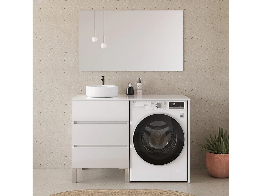 Meuble lave linge 124cm avec plateau et vasque ronde - sans miroir - 3 tiroirs - blanc - CRUZ