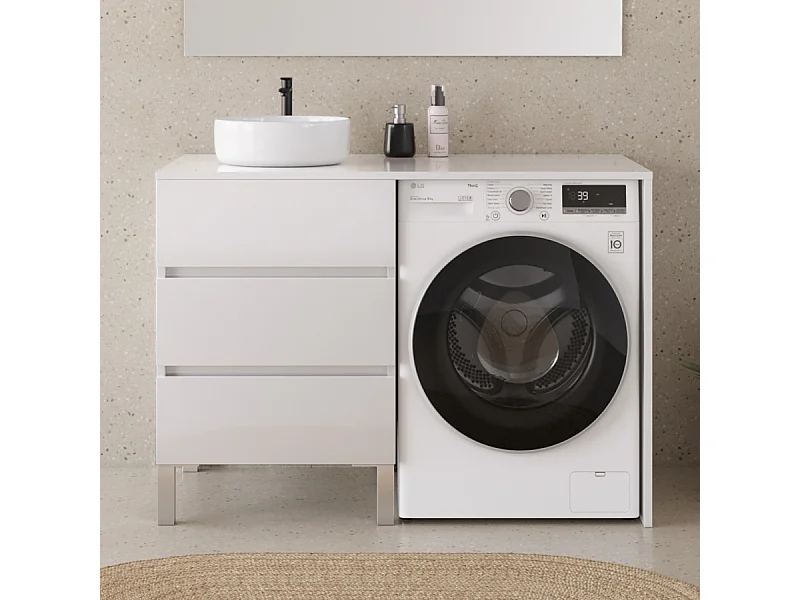 Meuble lave linge 124cm avec plateau et vasque ronde - sans miroir - 3 tiroirs - blanc - CRUZ