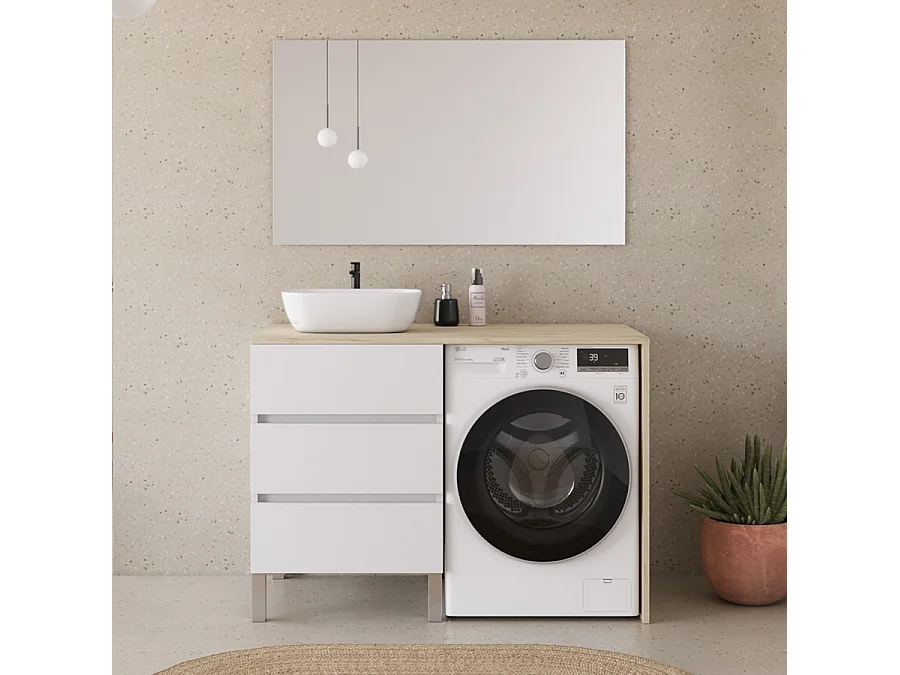 Meuble lave linge 124cm avec plateau nebraska et vasque arrondie - 3 tiroirs - blanc/nebraska (chêne clair) - CRUZ
