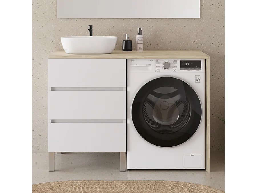 Meuble lave linge 124cm avec plateau nebraska et vasque arrondie - 3 tiroirs - blanc/nebraska (chêne clair) - CRUZ