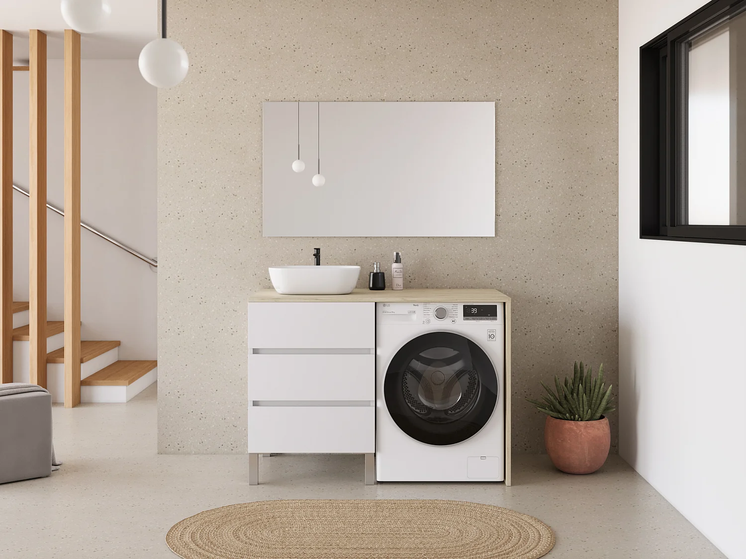 Meuble lave linge 124cm avec plateau nebraska et vasque arrondie - 3 tiroirs - blanc/nebraska (chêne clair) - CRUZ