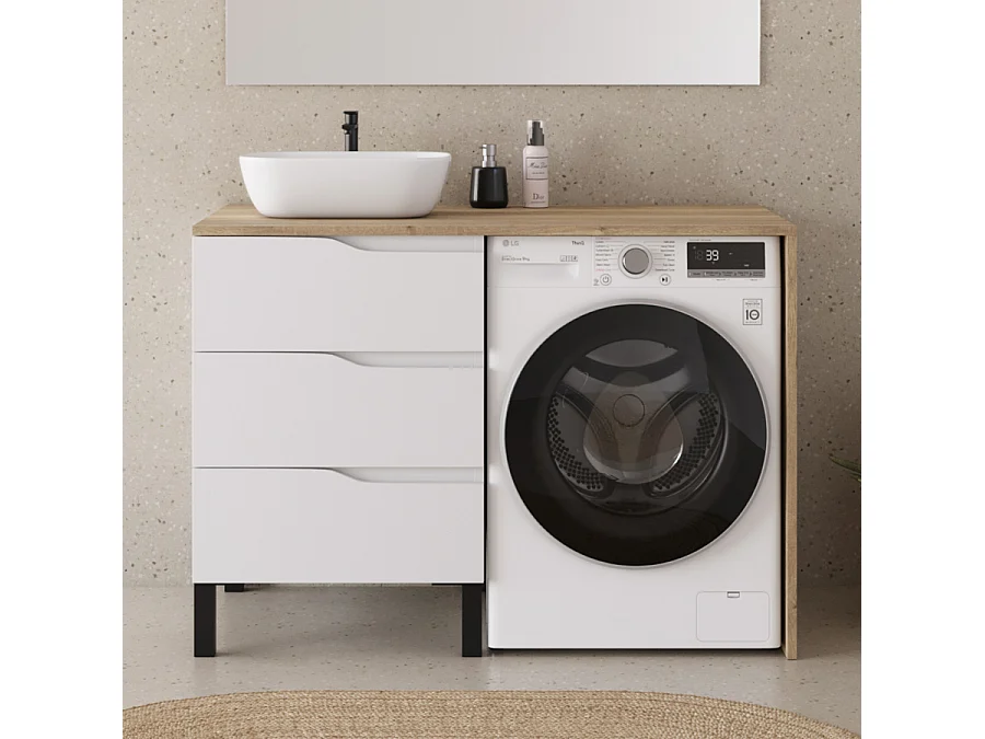 Meuble lave linge 124cm avec plateau miel et vasque arrondie - sans miroir - 3 tiroirs - blanc/madera miel (chêne clair) - SANTA