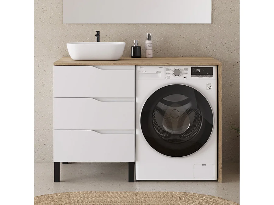 Meuble lave linge 124cm avec plateau miel et vasque arrondie - sans miroir - 3 tiroirs - blanc/madera miel (chêne clair) - SANTA