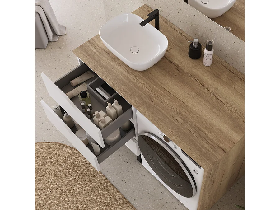 Meuble lave linge 124cm avec plateau miel et vasque arrondie - sans miroir - 3 tiroirs - blanc/madera miel (chêne clair) - SANTA