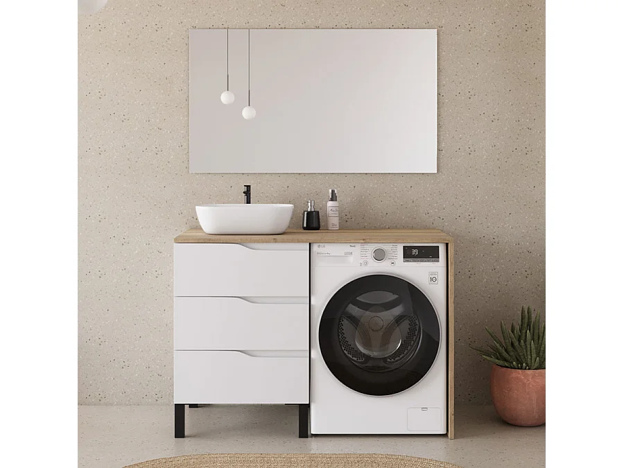 Meuble lave linge 124cm avec plateau miel et vasque arrondie - sans miroir - 3 tiroirs - blanc/madera miel (chêne clair) - SANTA