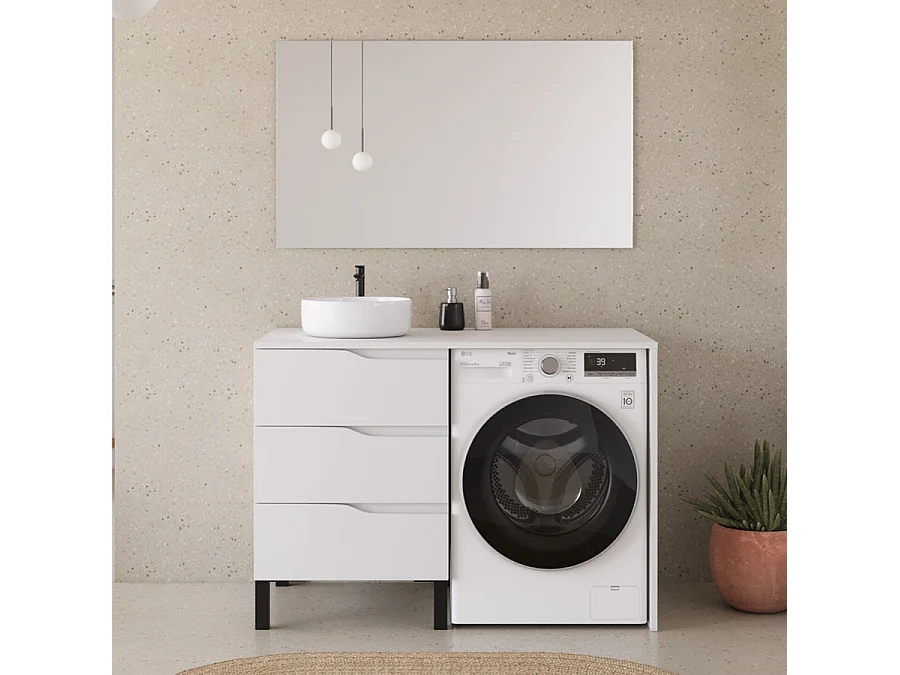 Meuble lave linge 124cm avec plateau et vasque ronde - sans miroir - 3 tiroirs - blanc - SANTA