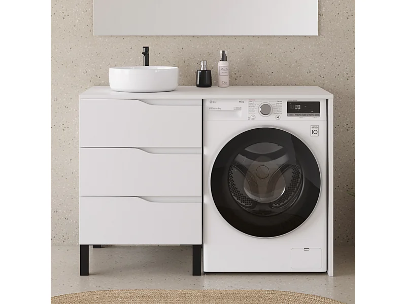 Meuble lave linge 124cm avec plateau et vasque ronde - sans miroir - 3 tiroirs - blanc - SANTA