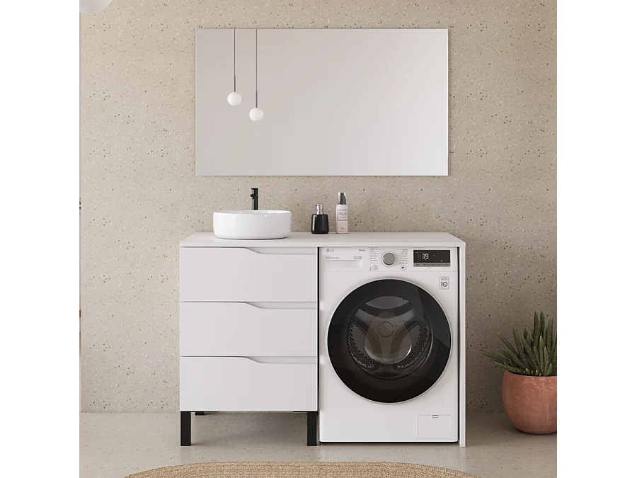 Meuble lave linge 124cm avec plateau et vasque ronde - 3 tiroirs - blanc - SANTA