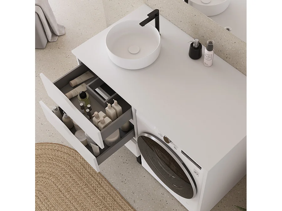 Meuble lave linge 124cm avec plateau et vasque ronde - 3 tiroirs - blanc - SANTA