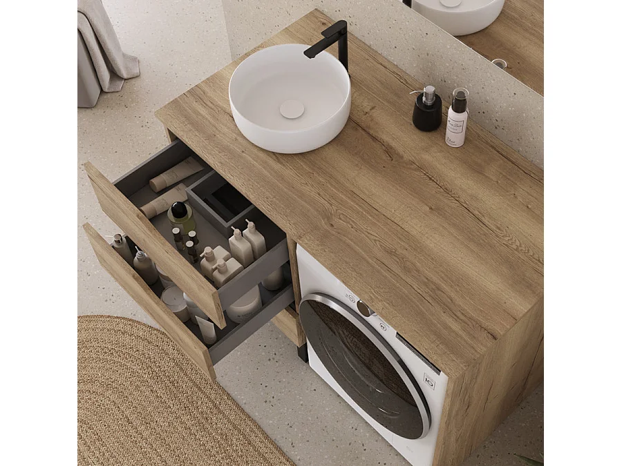 Meuble lave linge 124cm avec plateau et vasque ronde - sans miroir - 3 tiroirs - madera miel (chêne clair) - SANTA