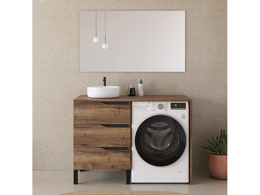 Meuble lave linge 124cm avec plateau et vasque ronde - 3 tiroirs - tabacco (chêne foncé) - SANTA